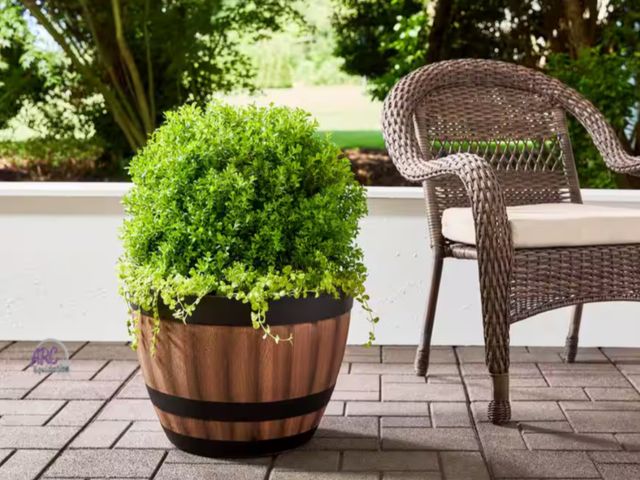 Lot 56-256050 - NEW Vigoro Reedley Large Kentucky Walnut Brown Resin Wine Barrel Lightweight Round Planter (20 in. L...