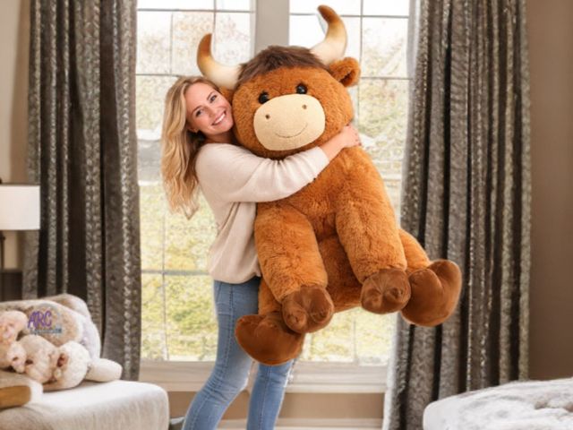Lot 56-374245 - NEW WITH TAG 53” Giant Highland Cow Super Soft, Oversized Plush Features plush horns, a fluffy “mop ...