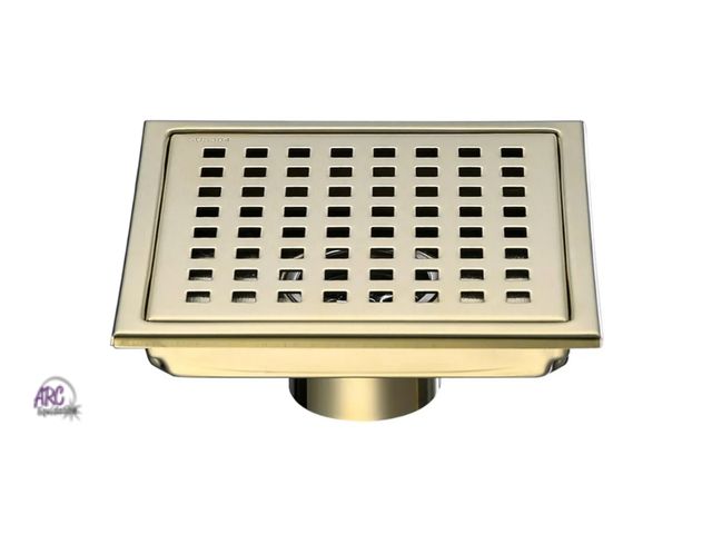 Lot 56-596423 - NEW-Brushed Gold Shower Drain Square 6 Inch Shower Floor Drain with Grid Grate &amp; Removable Hair ...