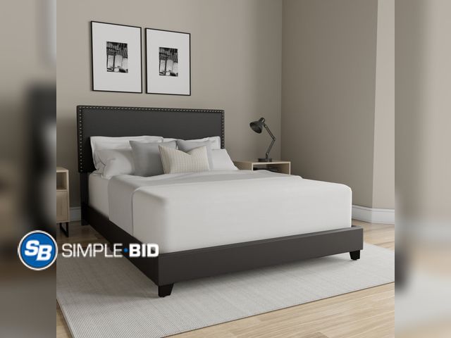 Lot 58-33102 - Willow Nailhead Trim Upholstered Full Bed, Black Faux Leather - New in box