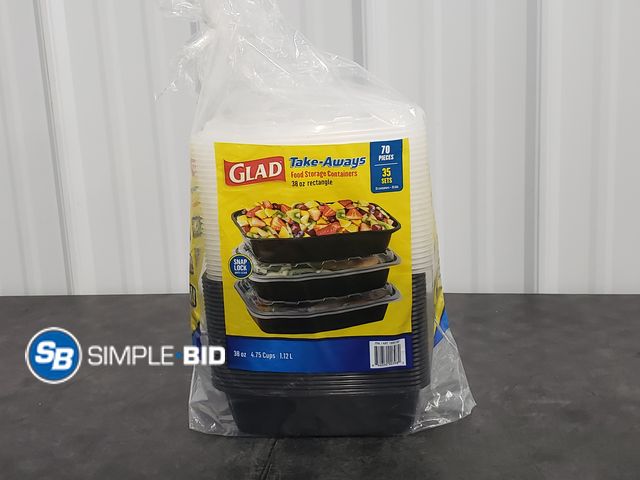 Lot 58-50163 - GLAD! Take-Aways Food Storage Containers with lids - 38 oz 35 sets - open package - unused