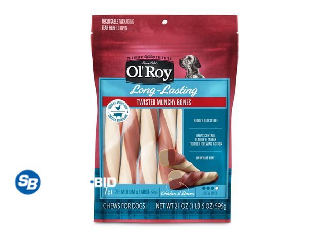 Lot 58-60613 - New Ol' Roy Chicken and Bacon Flavor Twisted Munchy Bones Dog Treats for Medium and Large Dogs, 21 o...