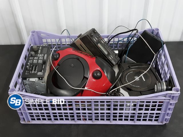 Lot 58-38656 - Tote full of various Electronics, CD players, car radios and more - used - untested
