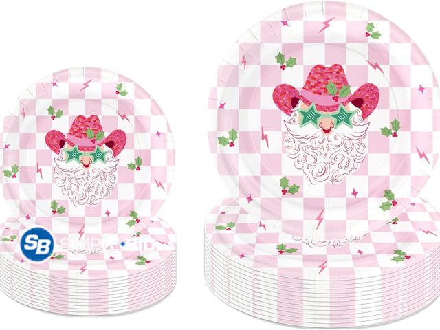 Lot 58-52127 - CHRISTMAS IN JULY! New LeZakaa 25Pcs Christmas Paper Plates Set, Cowboy Santa Pink Plaid Party Plate...