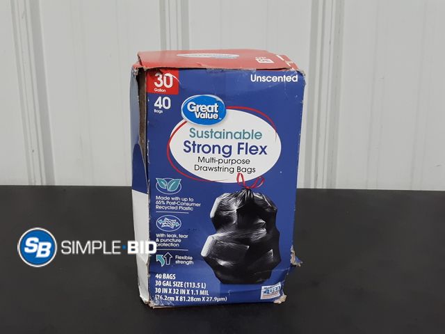 Lot 58-26466 - New Great Value Strong Flex Drawstring bags - 40 bags - 30 gallon