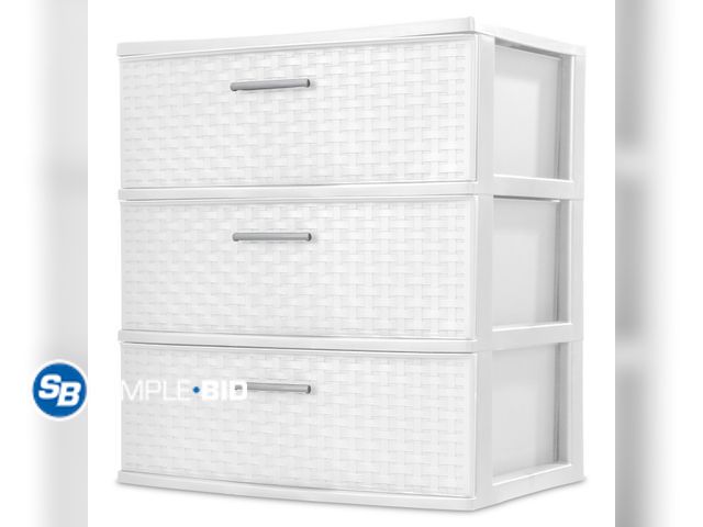 Lot 58-36345 - New Sterilite 3 Drawer Wide Weave Tower, Plastic Décor Drawers with Pull Handles, White