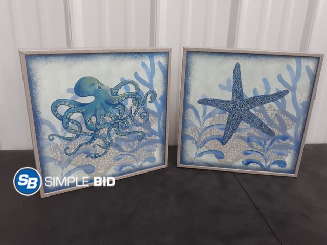 Lot 58-36659 - Lot of (2) New Stupell industries Nautical Framed Wall decor (1) Octopus (1) Star fish - Grey framed...