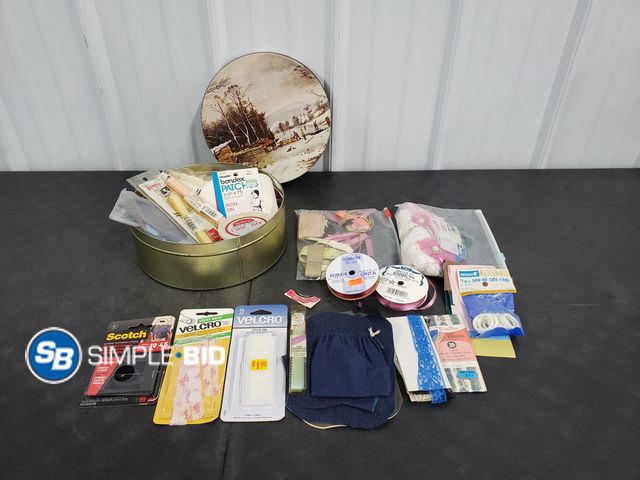 Lot 58-72816 - Round 10" Tin Full of Various Craft Supplies - Ribbon, Buttons, and More!
