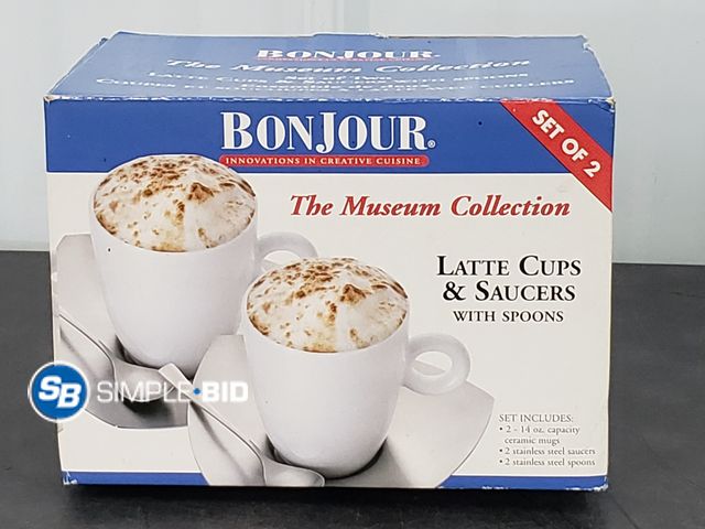 Lot 58-84717 - New BONJOUR The Museum Collection Latte cups &amp; Saucers with spoons