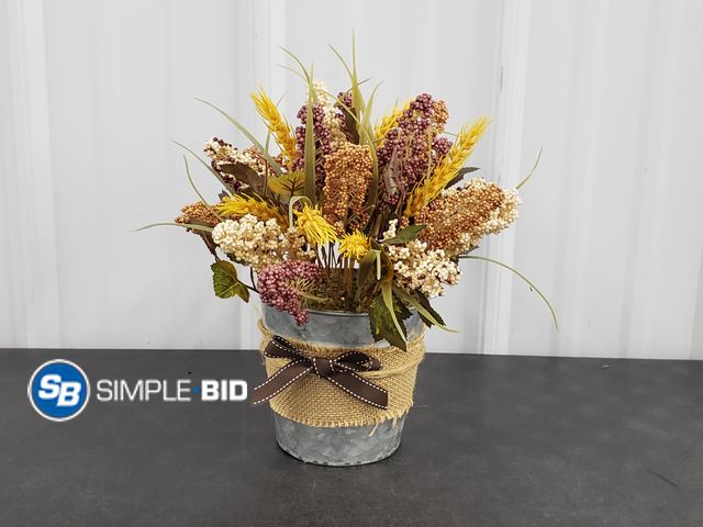 Lot 58-80215 - Decorative Metal Bucket with Burlap and Harvest Stems