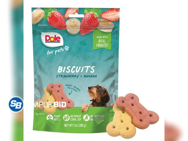 Lot 58-27125 - Lot of (2) New Dole Dog Biscuit Treats, Banana &amp; Strawberry Flavors, No Wheat, Corn, or Soy, 7oz