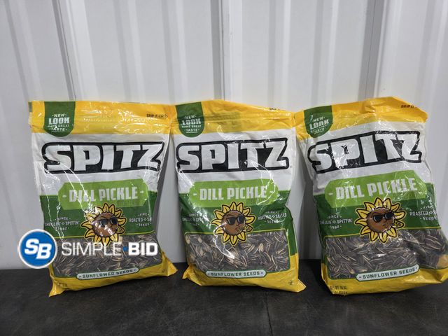 Lot 58-69763 - Lot of (3) Spitz Dill Pickle Flavored Sunflower Seeds 16 oz. Bag - unopened - expired