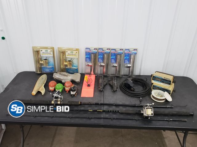 Lot 58-75668 - Fishing Equipment - (6) Rod Holders, (2) Rods with Reels, (5) Downrigger Weights with a fish shape m...
