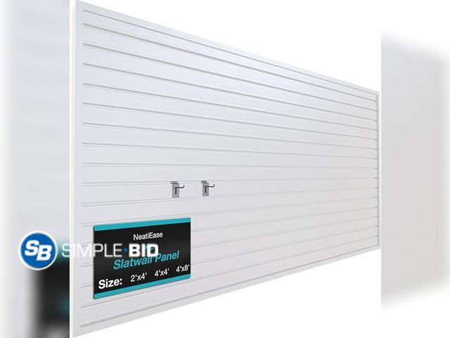 Lot 58-32475 - NeatiEase Slatwall Panel Wall Storage Systems, 4 x 8ft Slat Wall Paneling Garage Wall Organizer, Hea...