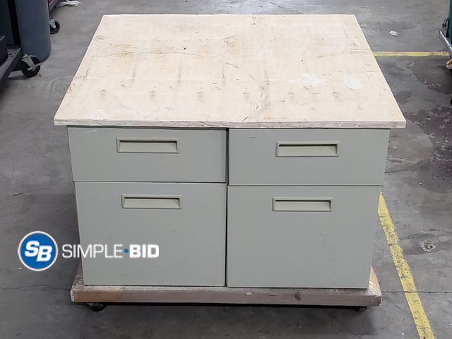 Lot 58-67369 - Rolling Table with Metal Storage Drawers and Wood Top