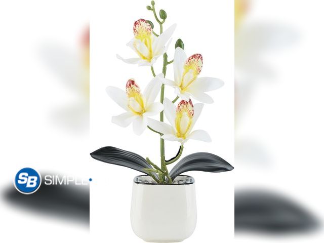 Lot 58-21787 - New Orchids Artificial Flowers with White Ceramic Vase - 11.8" Small Faux Plants Indoor, Orquideas A...