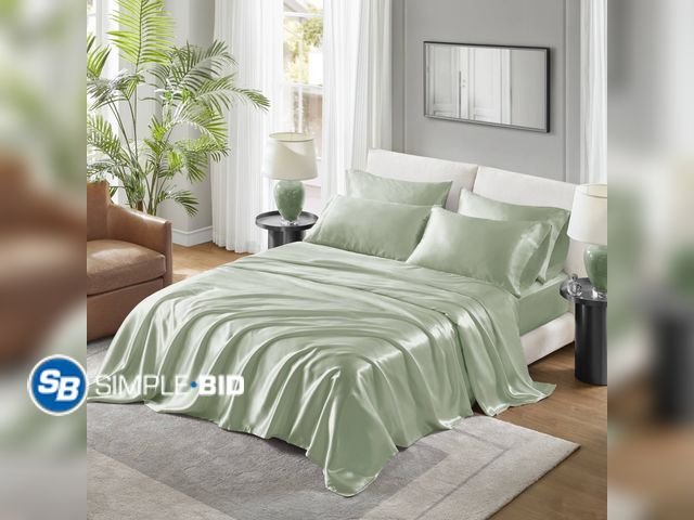 Lot 58-54143 - New Regency Heights Satin Sheet Set, Queen Bed Sheets with Pillowcases, 6-Piece Luxury Silky Sheet S...