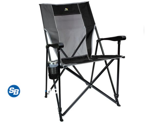 Lot 58-33128 - GCI Outdoor Eazy Chair XL Folding Oversized Quad Camp Chair With Carry Bag, Black - one arm needs wo...