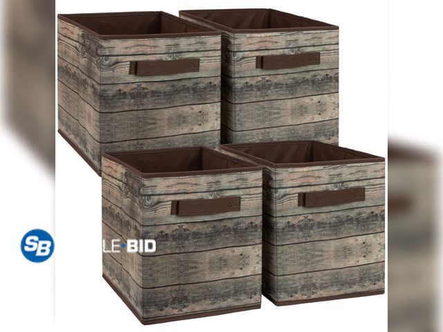 Lot 58-54136 - New Sorbus Foldable Storage Bins - 11" Collapsible Wood-Look Fabric Cubes with Handle, 4-Pack for Cl...