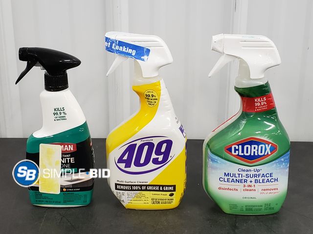 Lot 58-54767 - Lot of (3) Cleaning Products including - Clorox Multi surface cleaner + Bleach - 409 Removes Grease ...