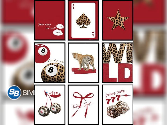 Lot 58-83336 - New 9Pcs Trendy Red Leopard Wall Art Prints Funky Lucky 8 Ball Posters Preppy Cheetah Aesthetic Wall...