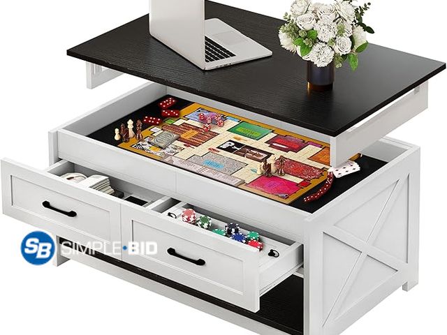 Lot 58-27133 - New DWVO Farmhouse 3-in-1 Living Room Center: Board Game Console with Removable Top, Puzzle Organize...