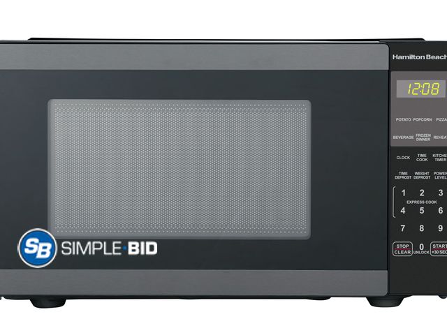 Lot 58-37473 - New Hamilton Beach 0.9 Cu ft Countertop Microwave Oven, 900 Watts, Black Stainless Steel