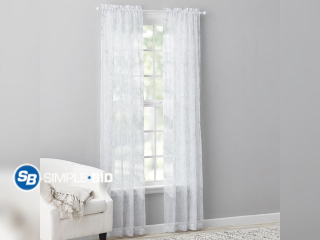 Lot 58-58635 - New Mainstays Embroidered Scroll Rod Pocket Sheer Curtain Panel, White/Grey, 38" W x 84" L
