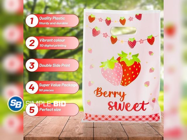 Lot 58-38946 - New Strawberry Party Favors Bags - 50Pcs Red Pink Strawberry Goody Candy Treat Bags, Summer Berry Th...