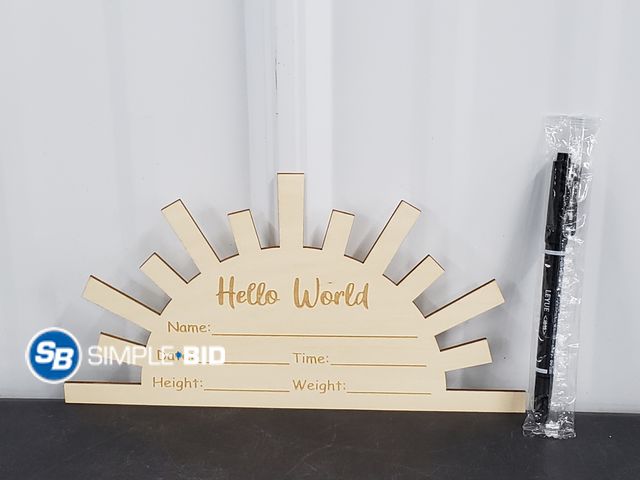 Lot 58-41158 - New HELLO WORLD -- wooden sign with marker -- Name -- Date -- Time -- weight -- great idea for newbo...