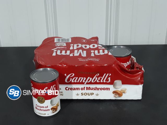 Lot 58-25977 - Campbell's Cream of Mushroom Soup - 10 cans - unopened - damaged packaging
