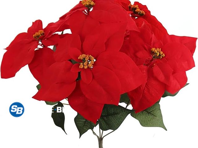Lot 58-33340 - New Lifelike Artificial Red Poinsettia Flower Bush | 20 Inches Tall with 7 Velvet Poinsettia Heads |...