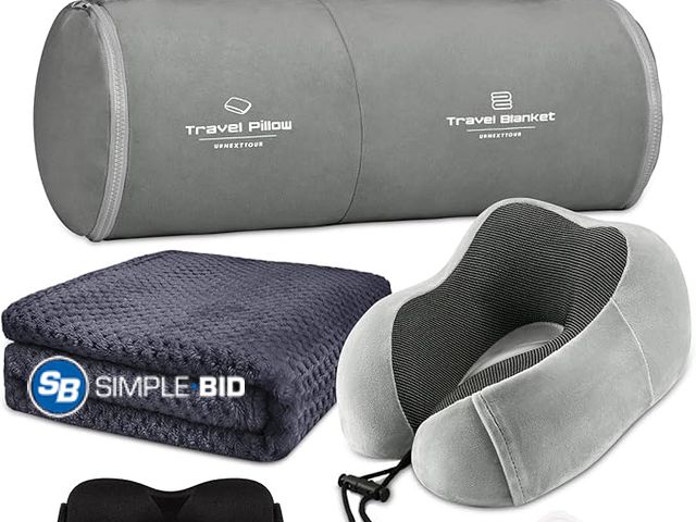 Lot 58-18037 - New Travel Pillow and Blanket Set Neck Pillows Soft Blankets with Sleep Mask Travel Essentials for A...