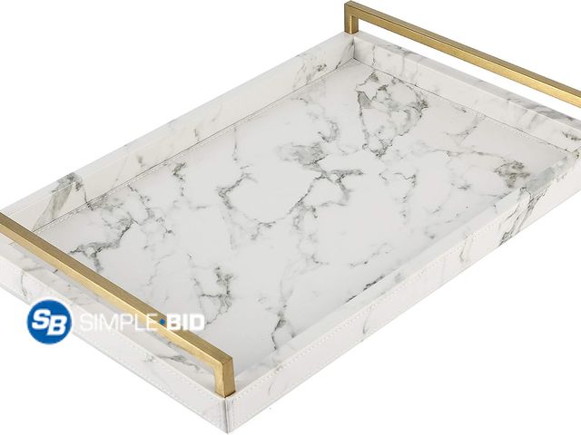 Lot 58-81335 - New 17.8 * 11.8" White PU Leather Marble Finish Decorative Tray Serving Tray with Brushed Gold Handl...