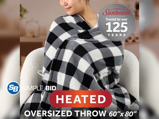 Lot 58-58671 - New Sunbeam Electric Heated Throw Blanket Black Plaid Microplush Faux Shearling 4 Heat Settings 60x8...
