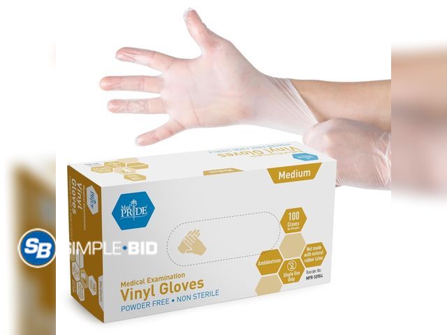 Lot 58-29517 - New MED PRIDE Disposable Vinyl Clear Examination Gloves, Latex &amp; Powder Free, Medium, 100-Count