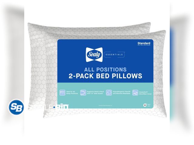 Lot 58-60150 - New Sealy Essentials All Positions Bed Pillow, Standard- Hexagon Pattern, Firm, Back, Stomach, and S...