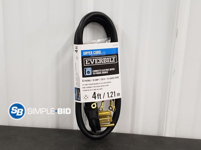 Lot 58-69392 - Everbilt Dryer Cord - 4ft - 4 Prong/30amp/250v/10gauge wire