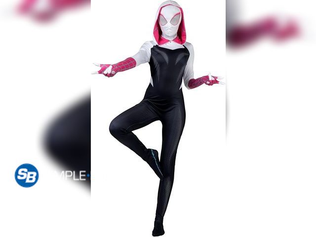 Lot 58-33543 - New MARVEL Spider-Gwen Official Adult Zentai Halloween Costume - Hooded Spandex Jumpsuit with Printe...