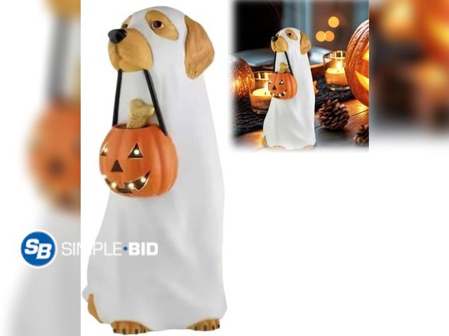 Lot 58-84017 - New Pumpkin Dog Statue, Cute Puppy Dressed as Ghost Figurine with Light Up Jack O Lantern Bucket &am...