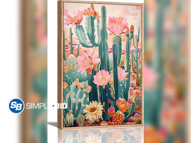 Lot 58-83159 - New KISSFOX Western Framed Wall Art Colorful Mexican Cactus Picture Wall Decor Pink Green Desert Bot...