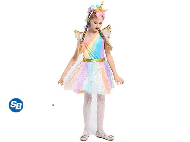 Lot 58-26914 - New Girls Unicorn Costume Rainbow Dress with Wing Headband for Little Girls 5-6t