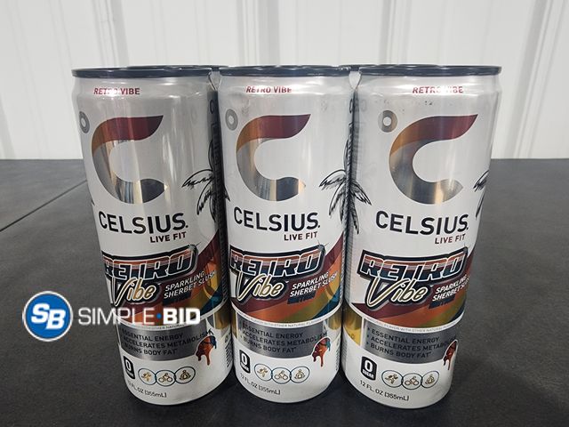 Lot 58-26132 - CELSIUS! Lot of (6) Celsius live fit RETRO VIBE - SPARKLING SHERBET SLUSH  12 fl oz - unopened - out...