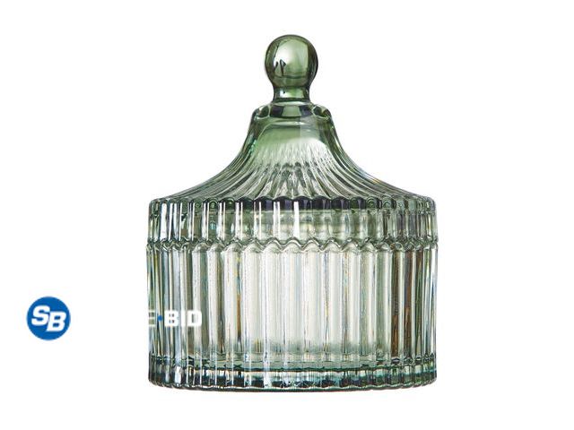 Lot 58-54776 - New Beautiful Contemporary Sage Green Ribbed Glass Lidded Decorative Jar by Drew Barrymore, 4.02" L ...