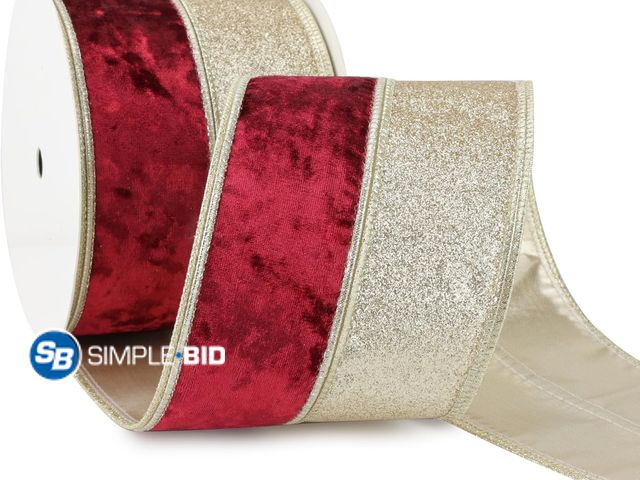 Lot 58-55965 - CHRISTMAS IN JULY! New Burgundy Velvet Wired Christmas Ribbon 4 Inch Extra Wide Thick Maroon and Gol...