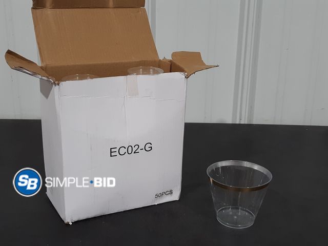 Lot 58-28861 - Lot of (50) Clear Plastic Cups with Gold Ring