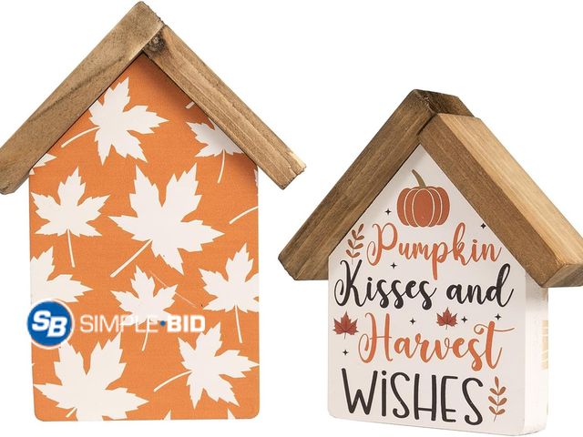 Lot 58-84013 - New Fall Signs Autumn Pumpkin Tiered Tray Table Shelf Home Decor 2 Pcs Double Sided Wooden Rustic Fa...