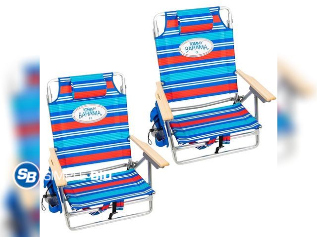 Lot 58-35252 - Tommy Bahama 5 position Classic Lay Flat Folding Back Pack Beach Chair - Red White and Blue Stripe