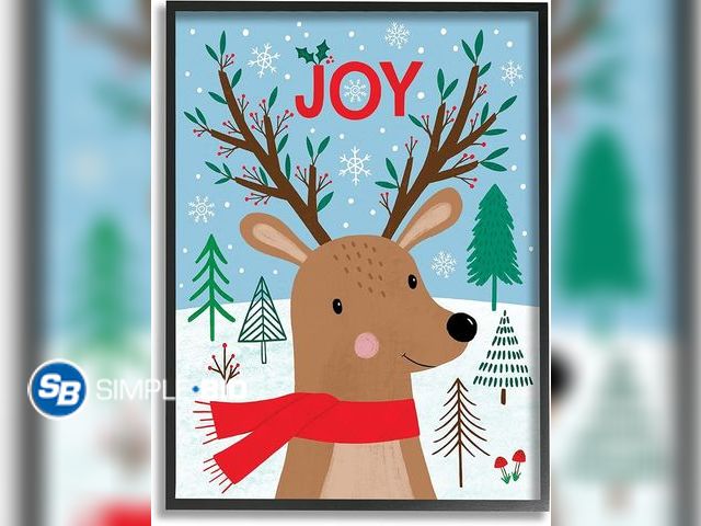 Lot 58-28263 - CHRISTMAS! New Stupell Industries Red Holly Reindeer Winter Forest Joy Typography, Designed by Nina ...