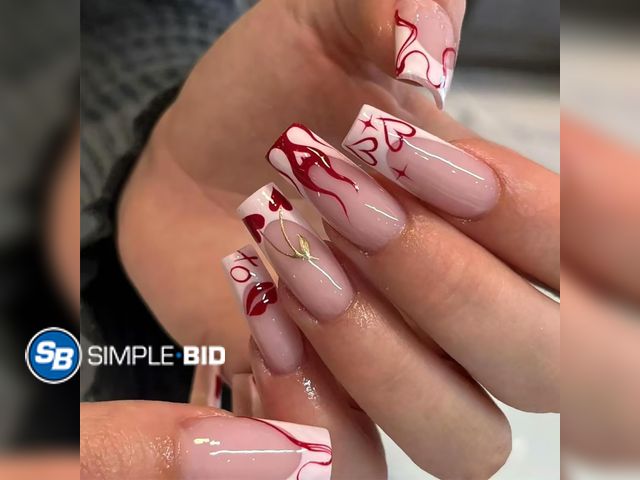 Lot 58-67580 - New 24Pcs Valentines Press on Nails Long Square Fake Nails with White French Tip Design Red Flame He...